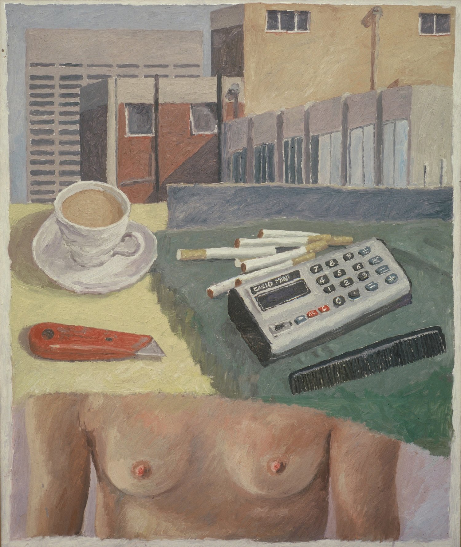 Still Life with Calculator 1977, Oil on Zinc, 63 x 47 cm