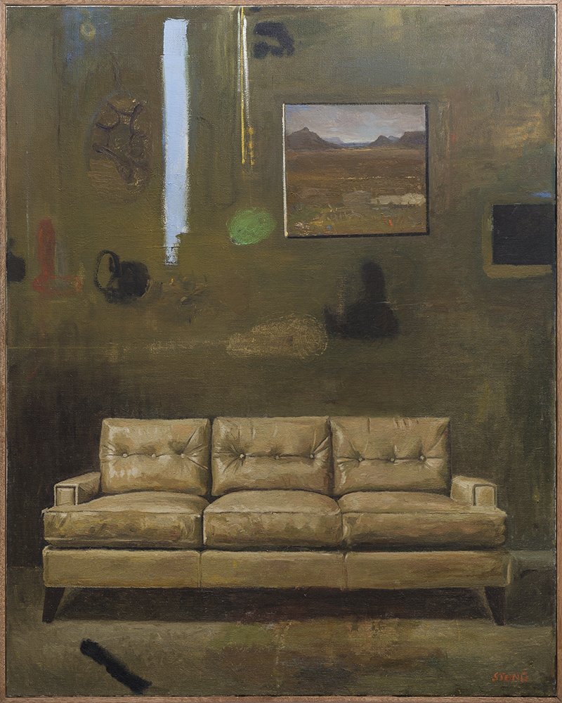 Boxes with Studio Carpet 2018, Oil on Board, 117 x 93 cm